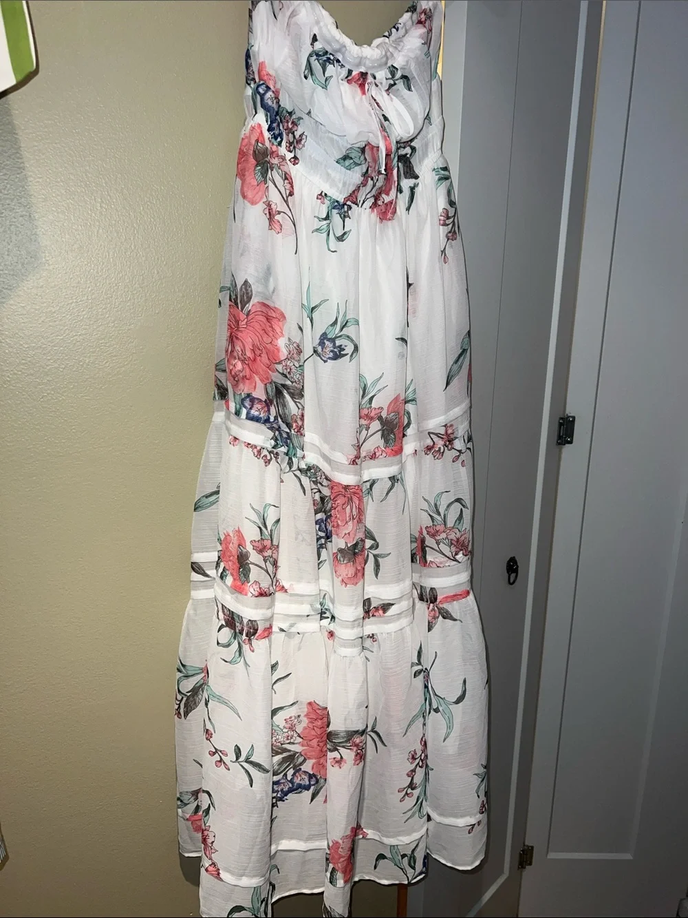 ANTHROPOLOGIE Floral White Maxi Dress with Pink Blooms NWOT